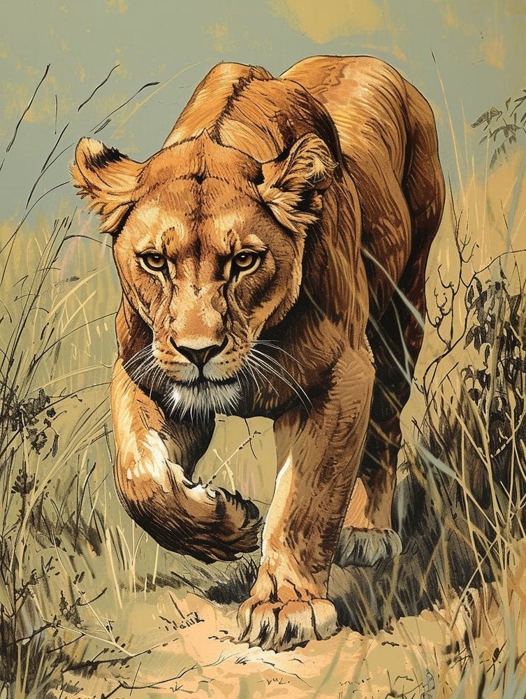 African Lion Relief Illustration Lionesss 1