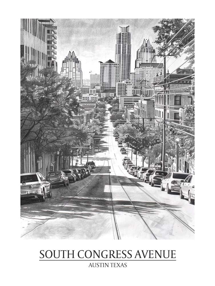 South Congress Avenue Austin Texas Black And White Drawing 2 Poster