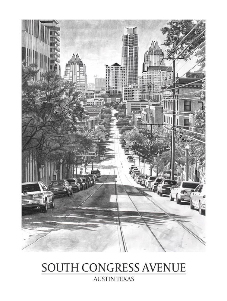 South Congress Avenue Austin Texas Black And White Drawing 2 Poster