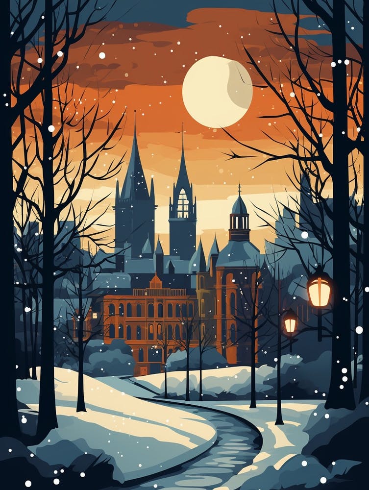 Winter Travel Night Illustration Glasgow United Kingdom 1