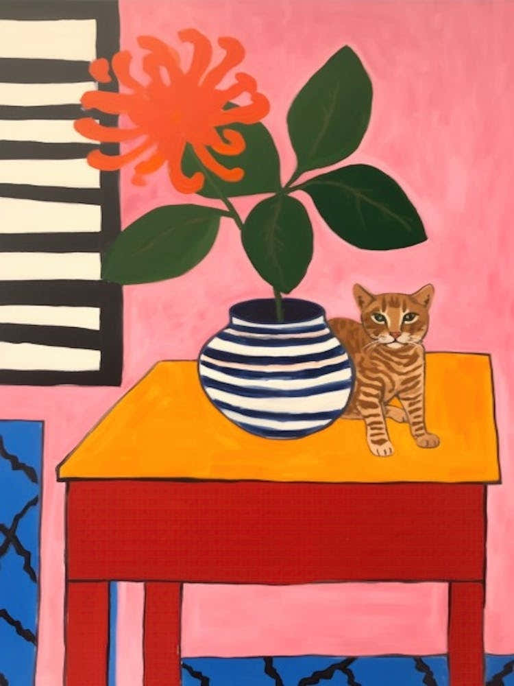 A Painting Of A Still Life Of A Dahlia With A Cat In The Style Of Matisse 4