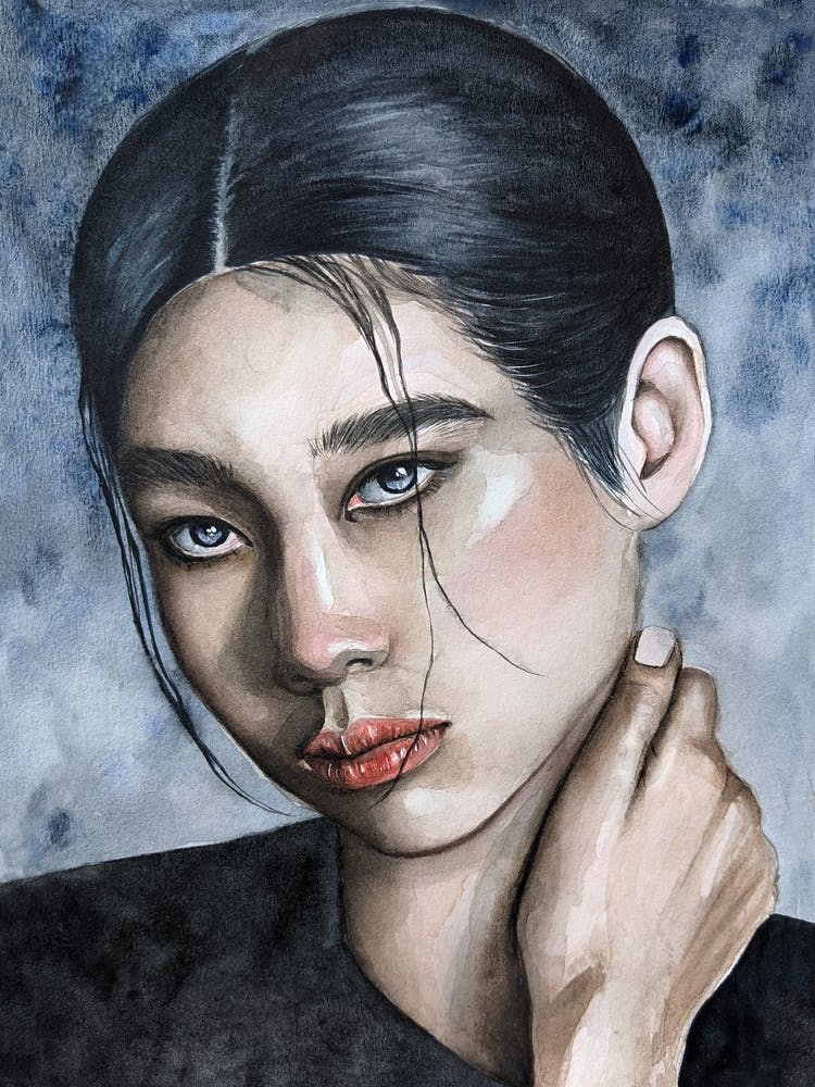 Watercolor portrait of an Asian woman with blue eyes