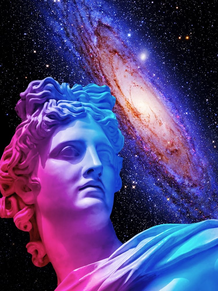 Vaporwave Apollo Bust poster - Neon Greek Statue & Andromeda Galaxy - Milky Way galaxy, Retro-Futuristic Aesthetic Wall Art, Cyberpunk Decor