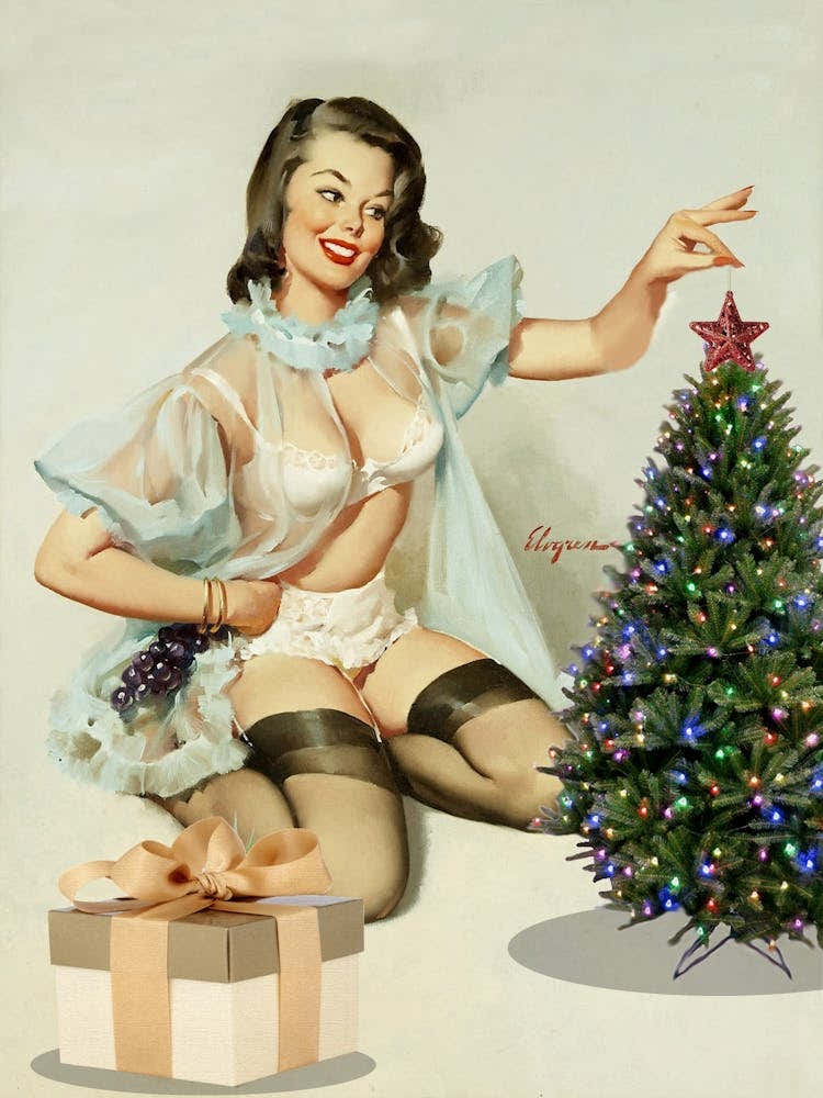 Sexy Pinup Girl Is Decorating A Christmas Tree