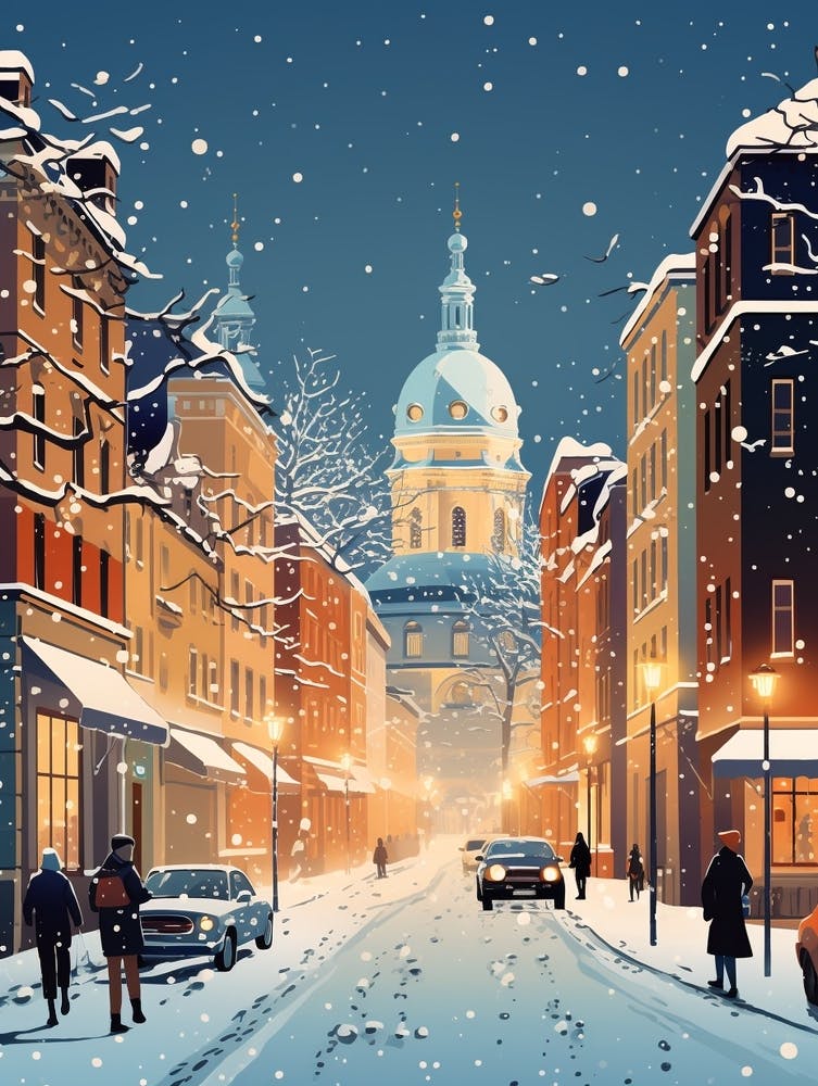 Winter Travel Night Illustration Budapest Hungary 4