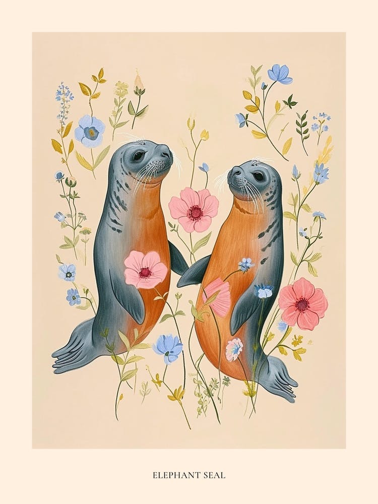 Folksy Floral Animal Drawing Elephant Seal 2 Poster