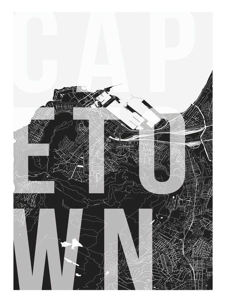 Cape Town Mono Street Map Text Overlay