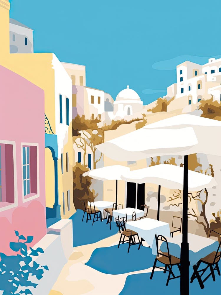 Santorini, Greece, Flat Pastels Tones Illustration 1