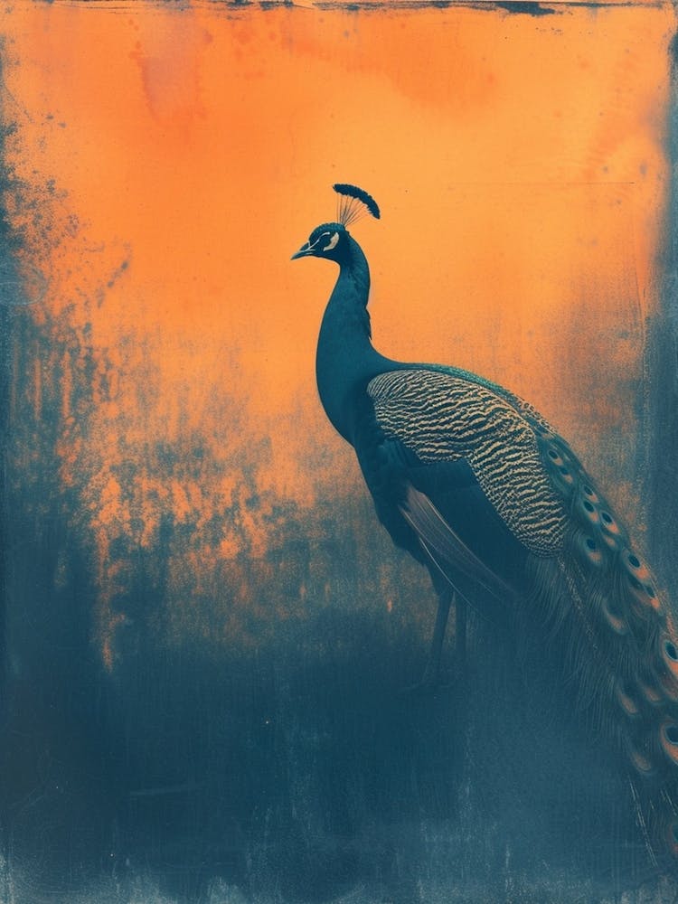 Orange & Blue Vintage Peacock Portrait