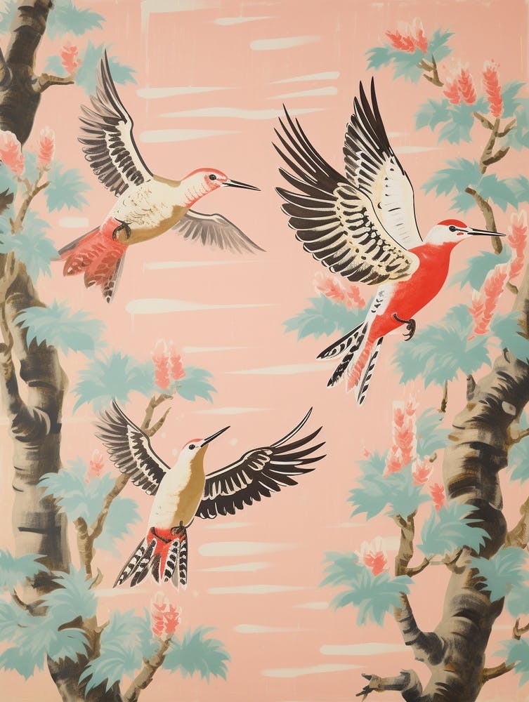 Vintage Japanese Inspired Bird Print Woodpecker 1