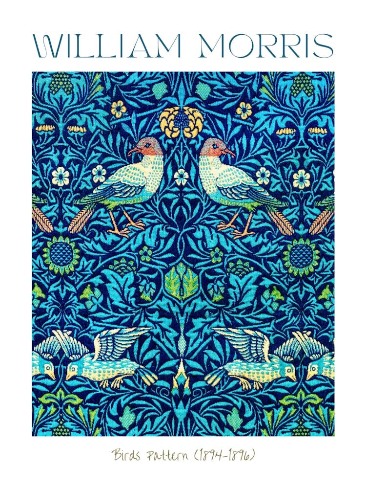 William Morris Print Birds Pattern - Famous Cotton Textiles British Artist Blue Turquoise Petrol Green Vibrant Texture HD Remastered