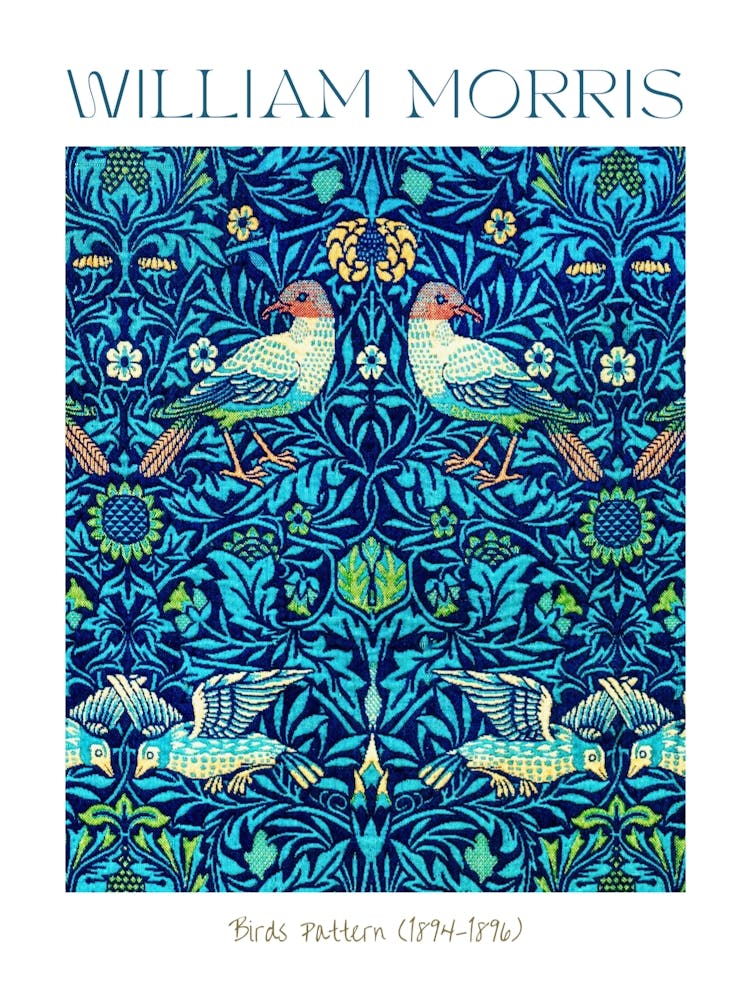 William Morris Print Birds Pattern - Famous Cotton Textiles British Artist Blue Turquoise Petrol Green Vibrant Texture HD Remastered