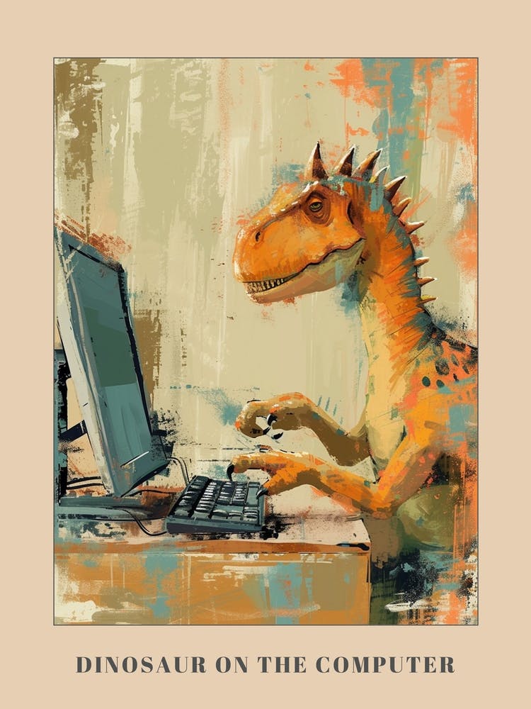 Spikey Mustard Dinosaur On A Computer Poster