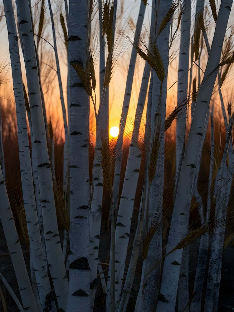 Sunset Over Birch Trees
