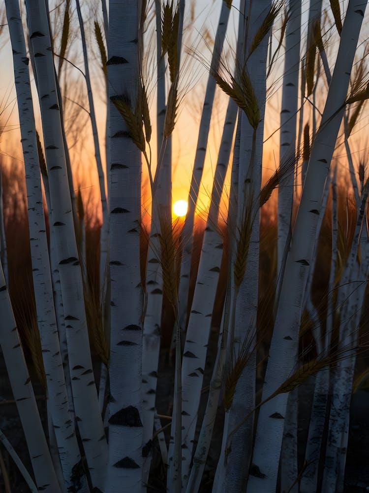 Sunset Over Birch Trees