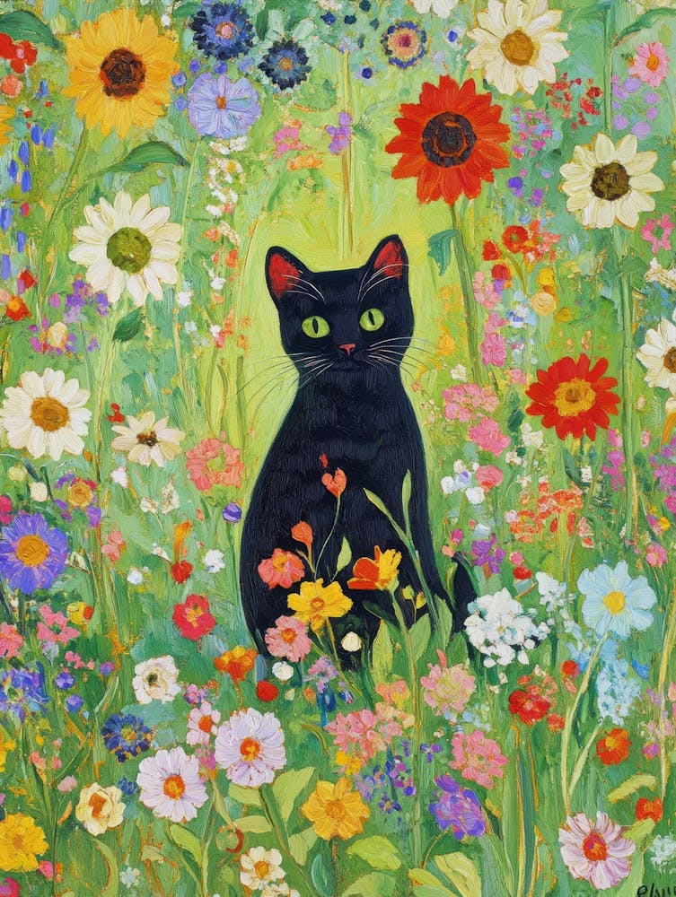 Black Cat In A Flower Garden 1