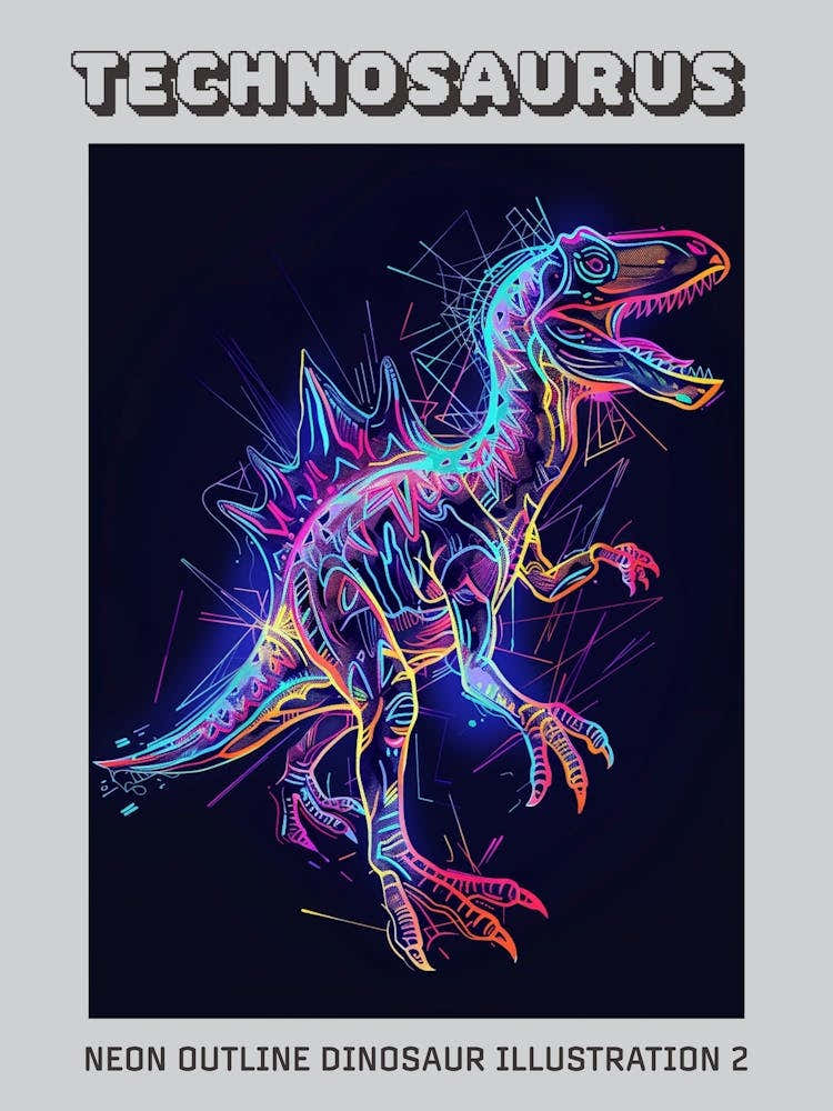 Neon Outline Dinosaur Illustration 2 Poster