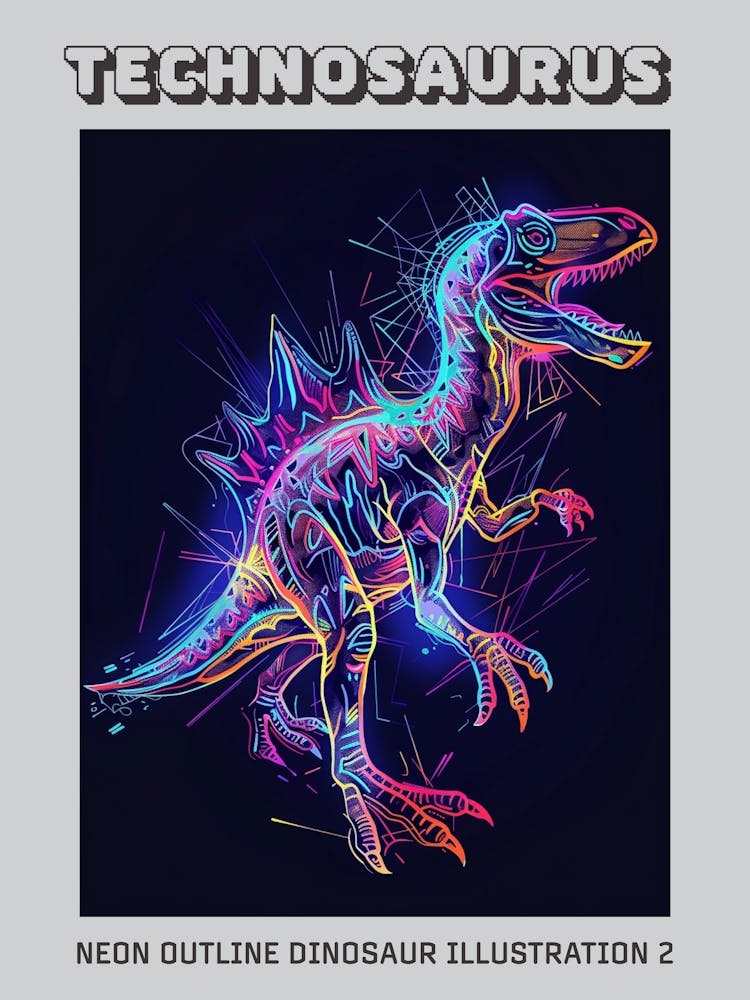 Neon Outline Dinosaur Illustration 2 Poster
