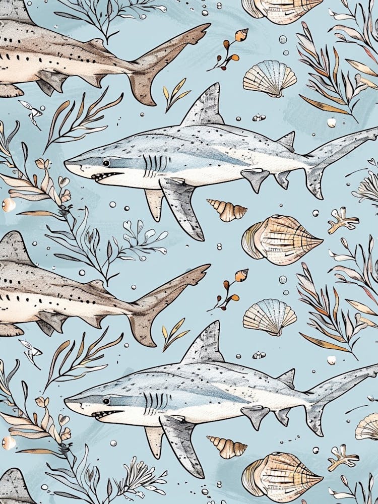 Pastel Blue Goblin Shark Watercolour Seascape Pattern 3