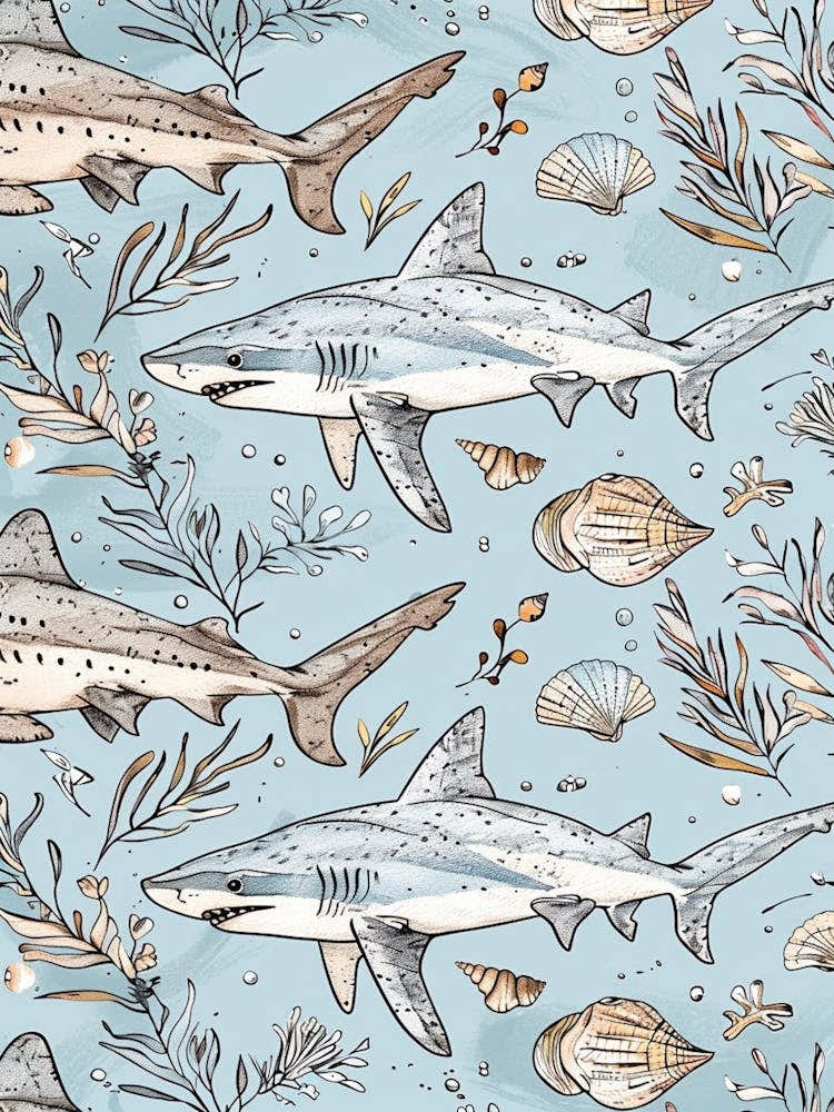 Pastel Blue Goblin Shark Watercolour Seascape Pattern 3