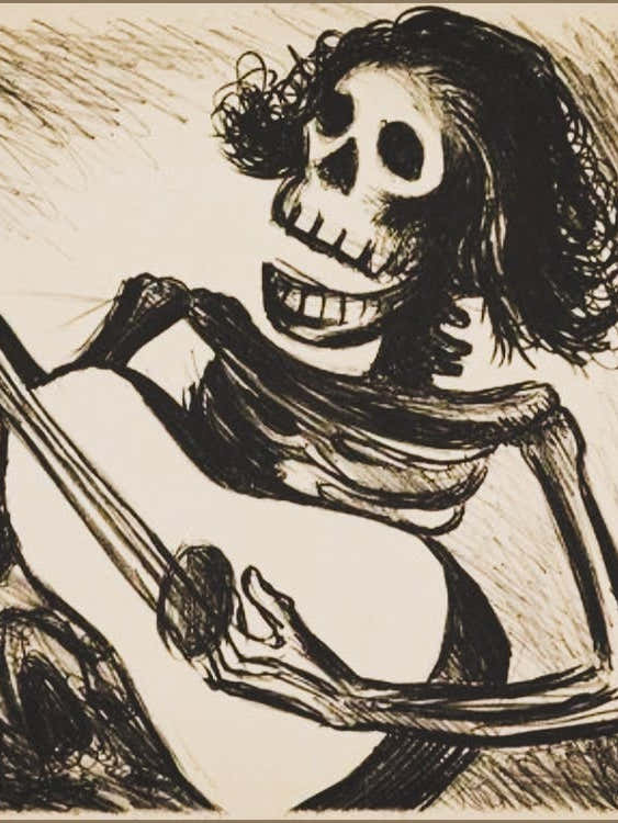 Skeleton 'Calavera' Playing Guitar - 1938 Vintage Sketch by Mexican Graphic Designer Leopoldo Mendez - Witchy Gothic Funny Cool Skull Art Witchcore Dark Aesthetic Remastered High Definition Collectable Gallery 1