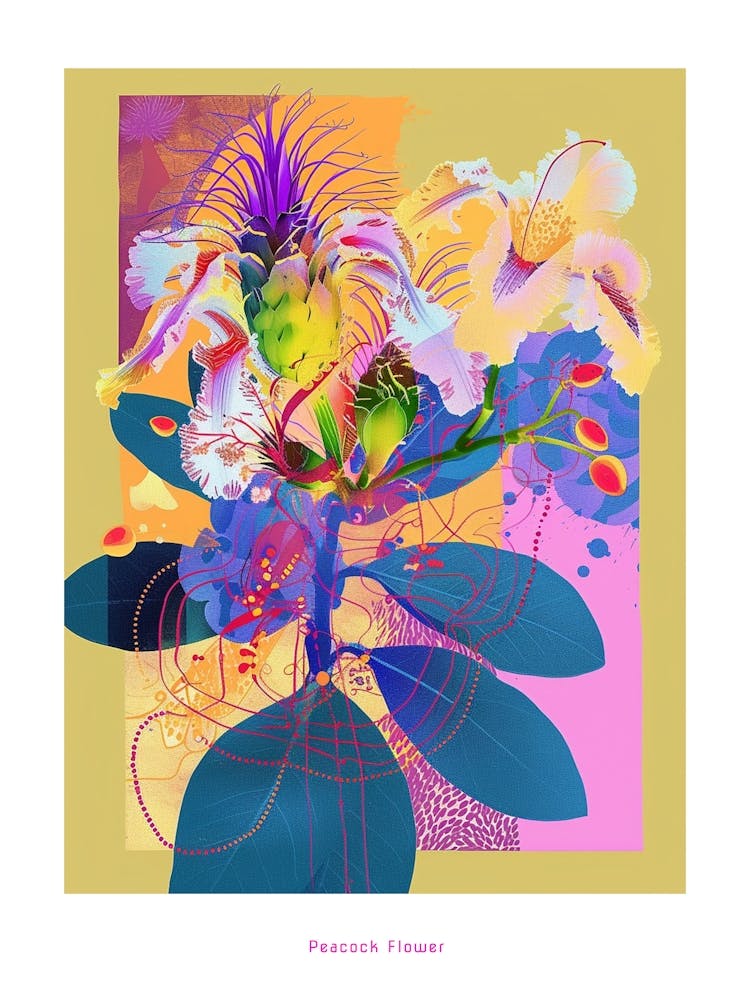 Peacock Flower (Caesalpinia) 1 Neon Flower Collage Poster