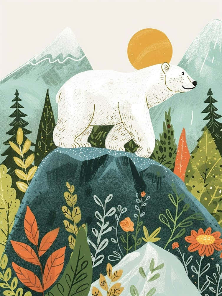 Polar Bear Walking On A Mountrain Storybook Illustration 4