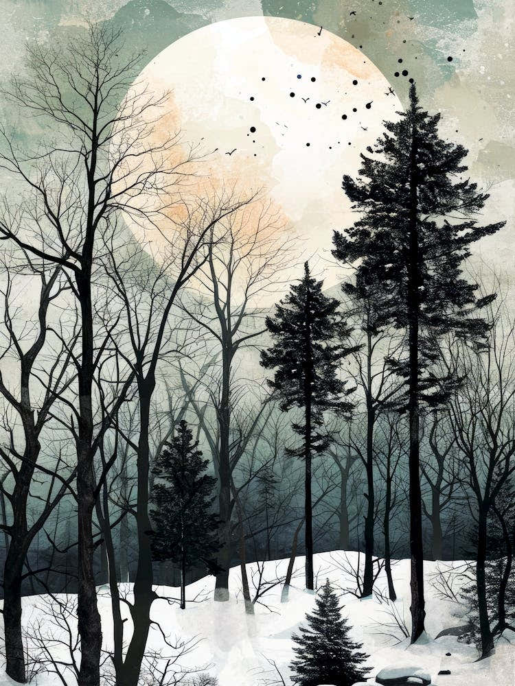 Full Moon In The Woods watercolor landscape