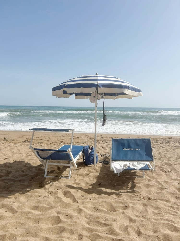 The Blue Striped Umbrella - Sicilian Beach Photo - Italy Travel Photography