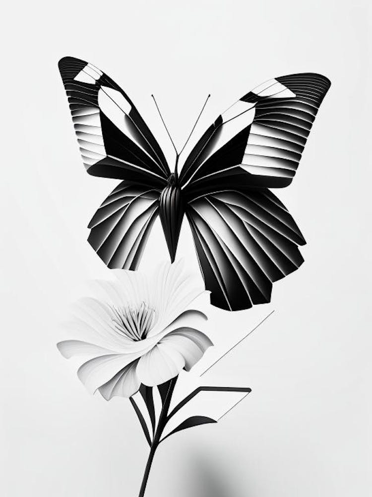 Butterfly On Flower Black & White Geometric 1