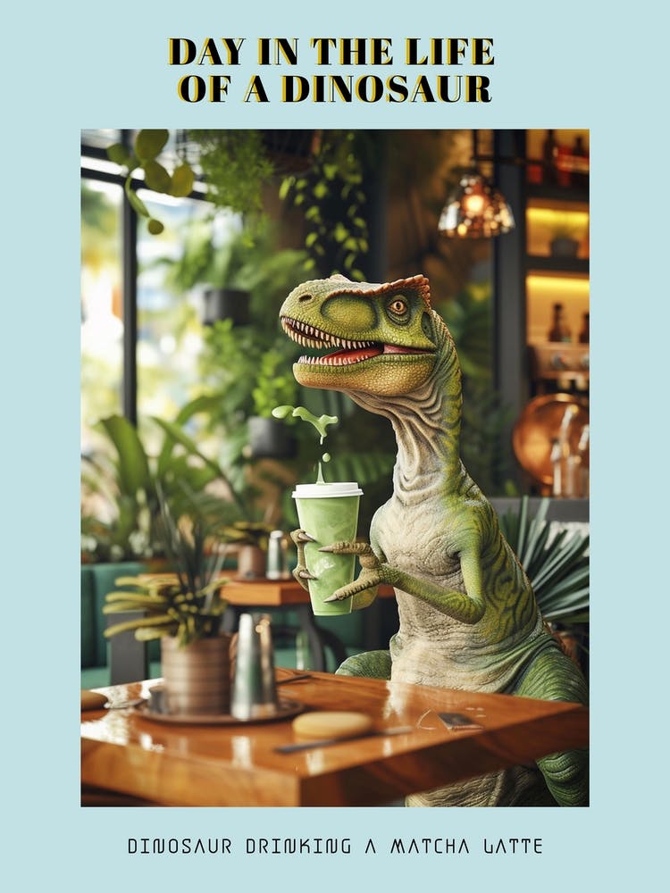 Dinosaur Drinking A Matcha Latte Retro Abstract Collage 2 Poster