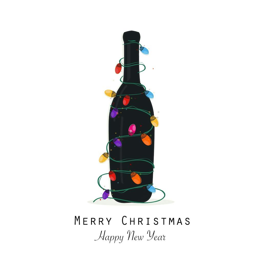 Christmas Black Champagne Bottle With Colorful Light Bulb Vector Greeting Card