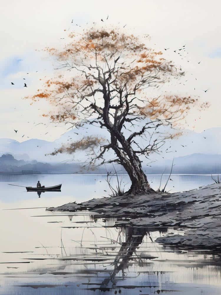 Lake Biwa In Shiga, Japanese Brush Painting, Ukiyo E, Minimal 4
