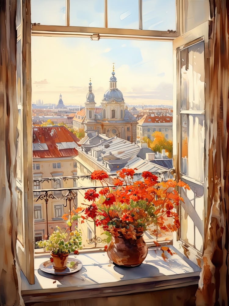 Window View Of Vilnius Lithuania In Autumn Fall, Watercolour 1