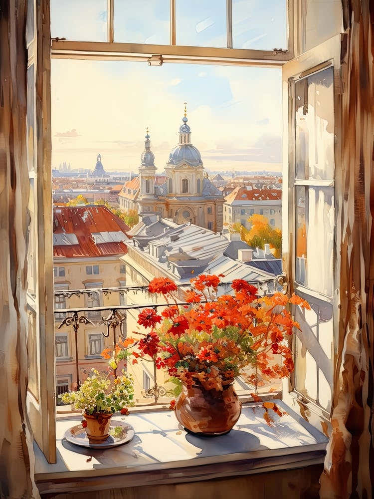 Window View Of Vilnius Lithuania In Autumn Fall, Watercolour 1