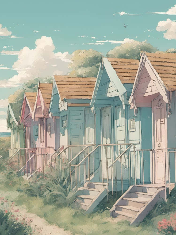 Side View Ghibli Style Fancy Beach Huts Muted Tones