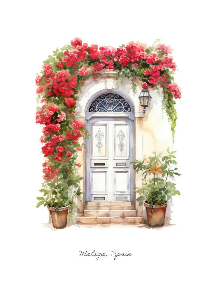 Malaga, Spain   Mediterranean Doors Watercolour Painting 3 Poster