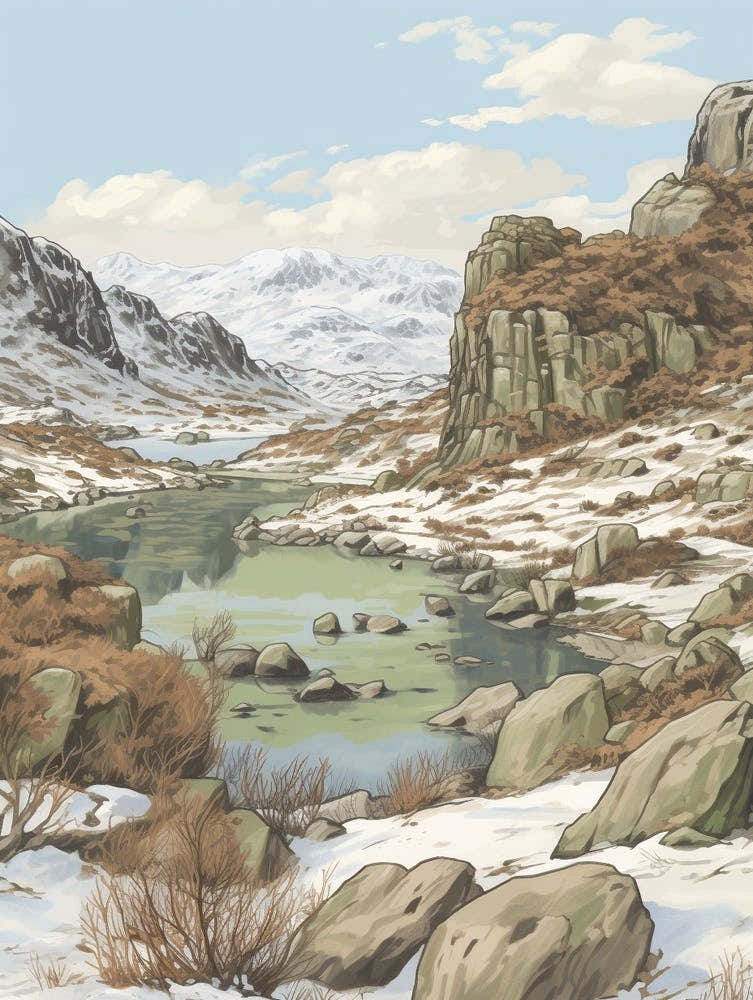 Vintage Winter Illustration Snowdonia National Park United Kingdom 1