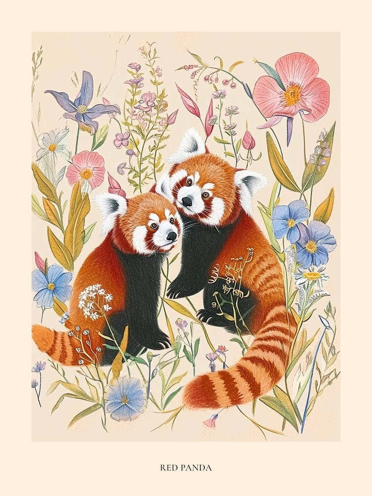 Folksy Floral Animal Drawing Red Panda 4 Poster