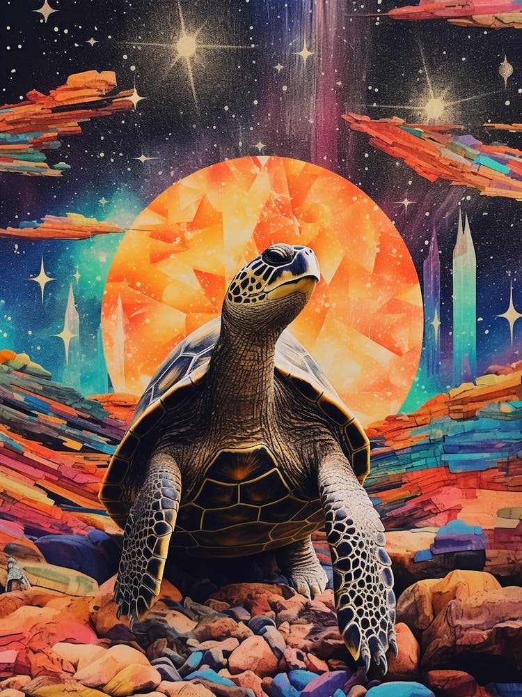 Retro Sea Turtle In Space Collage 1