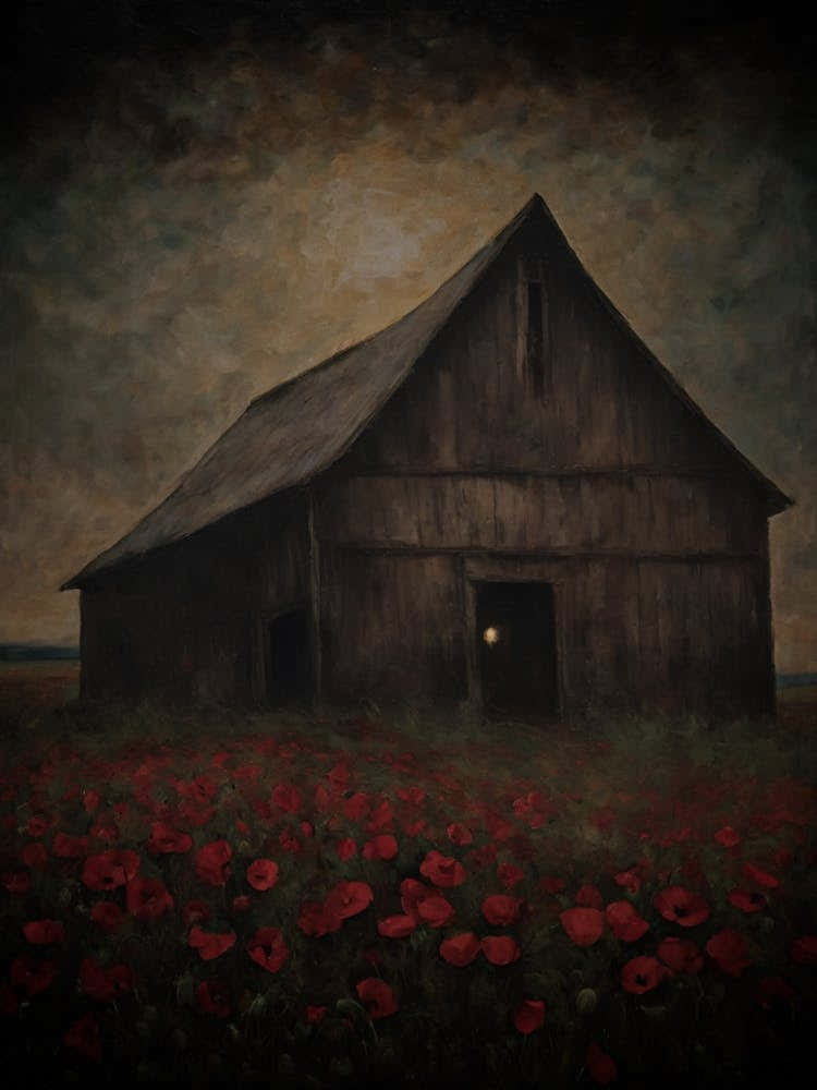 Gloomy Dark Aesthetic Haunted Barn | Spooky Poppy Fields On a Stormy Night | Perfect Creepy Halloween Decor With Orb Inside | Samhain Ghostly Painting Dark Academia