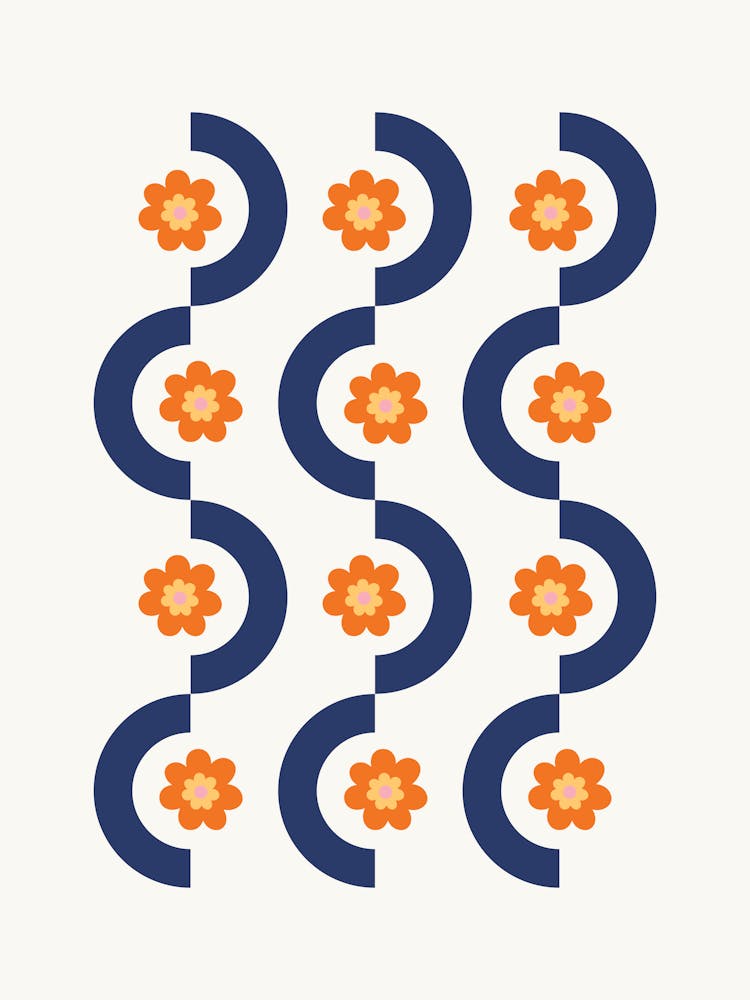 Geometric and Flower Pattern I in Navy Blue and Orange, Nostalgia Garden Shower Abstract