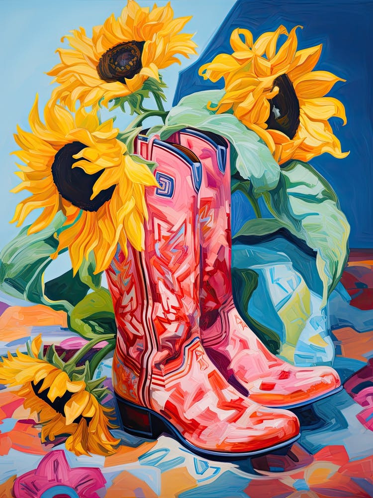 Oil Painting Of Sunflower Flowers And Cowboy Boots, Oil Style 1