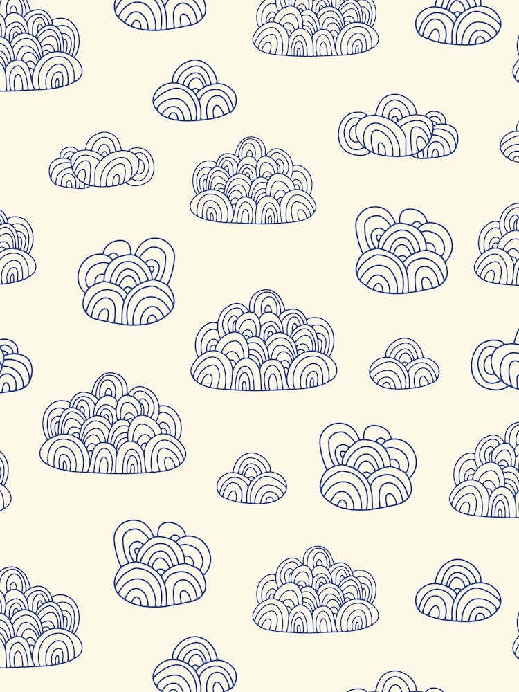 Fluffy Abstract Doodle Line Art Clouds Navy Blue on White
