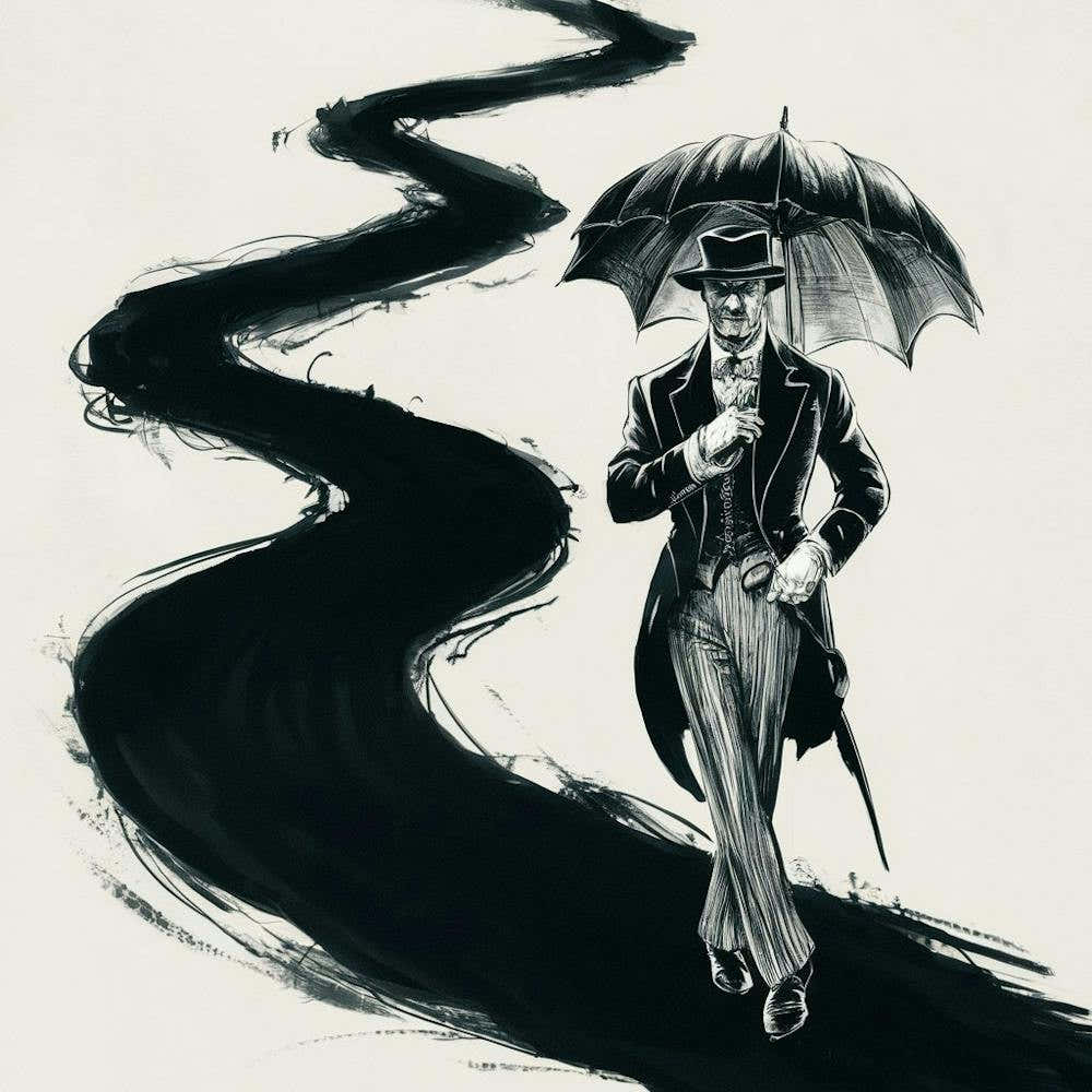 ine path. The man is dressed in a vintage ensemble, holding onto an old-fashioned umbrella. The path is shrouded in complete darkness, with only the faint silhouette of the man and the subtle outlines of the winding path visible. The ink lines are bold an
