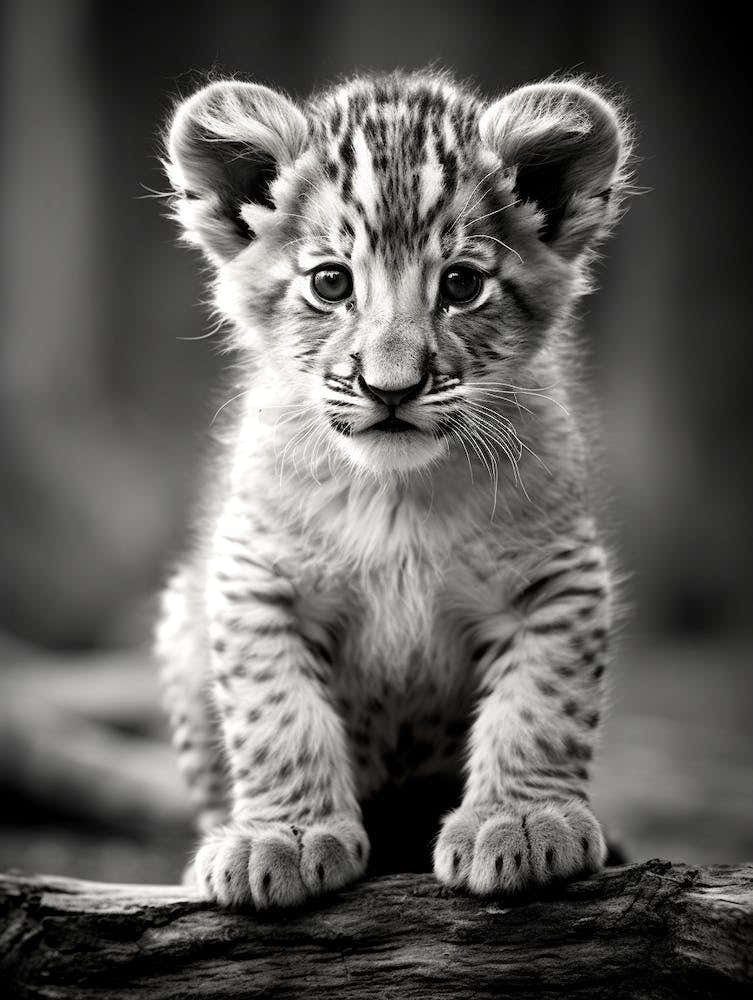 Black And White Photograph Of A Lion Cub