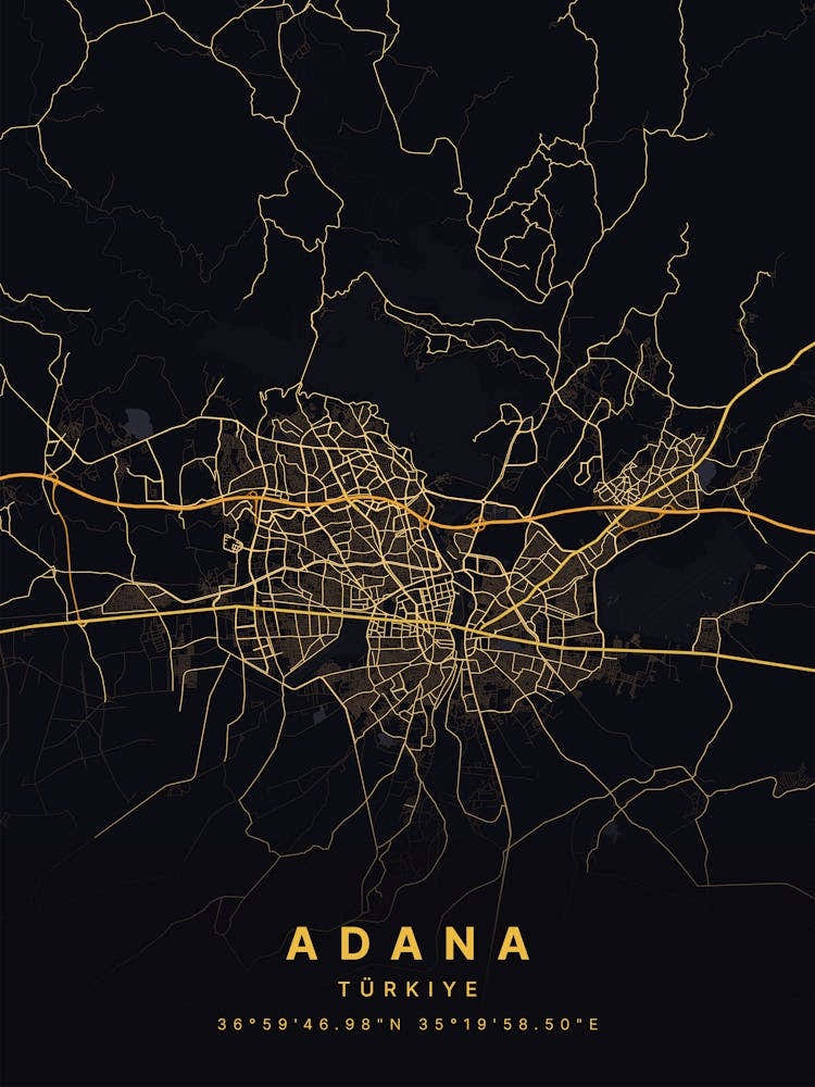 Adana Turkey Ablack And Gold Map