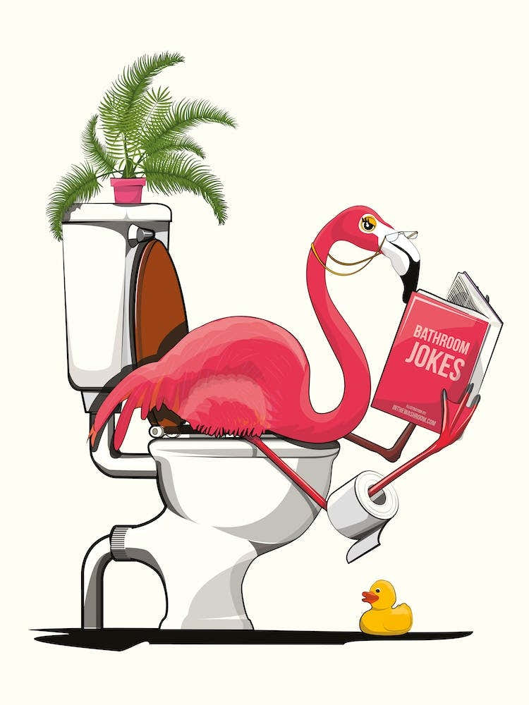 Flamingo Reading On Toilet