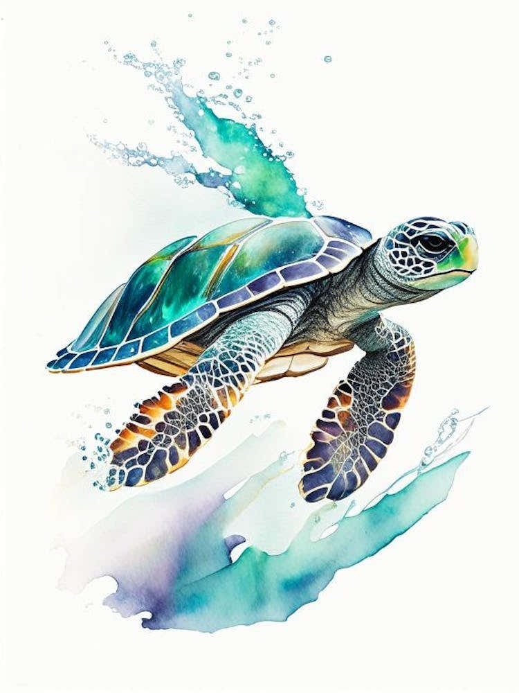 Sea Turtle In Motion, Sea Turtle Watercolour 1