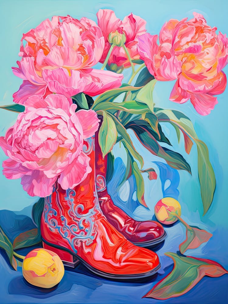 Oil Painting Of Hydrangea Flowers And Cowboy Boots, Oil Style 3